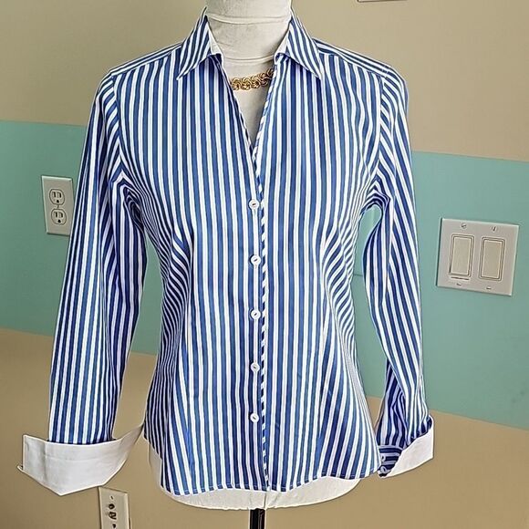 Foxcroft Tops - Fox croft stripped no iron cotton fitted blouse size petite 4